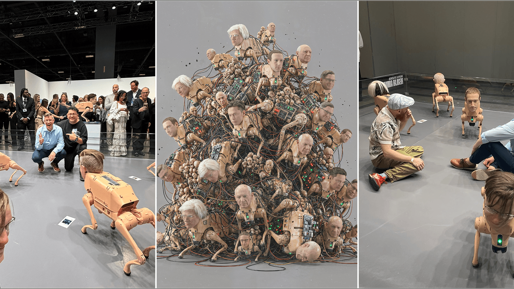 Show by Beeple has realistic Musk, Bezos, Zuckerberg robot dogs pooping NFTs. Source: X