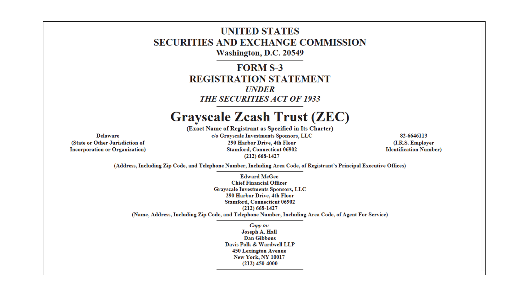 Zcash-ETF form. Source: SEC