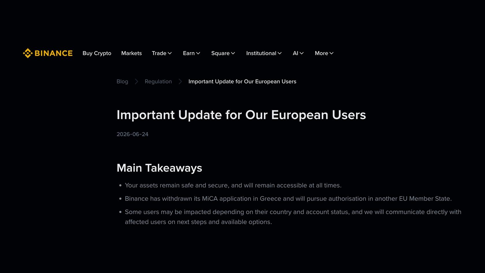 Binance statement. Source: the exchange’s official website