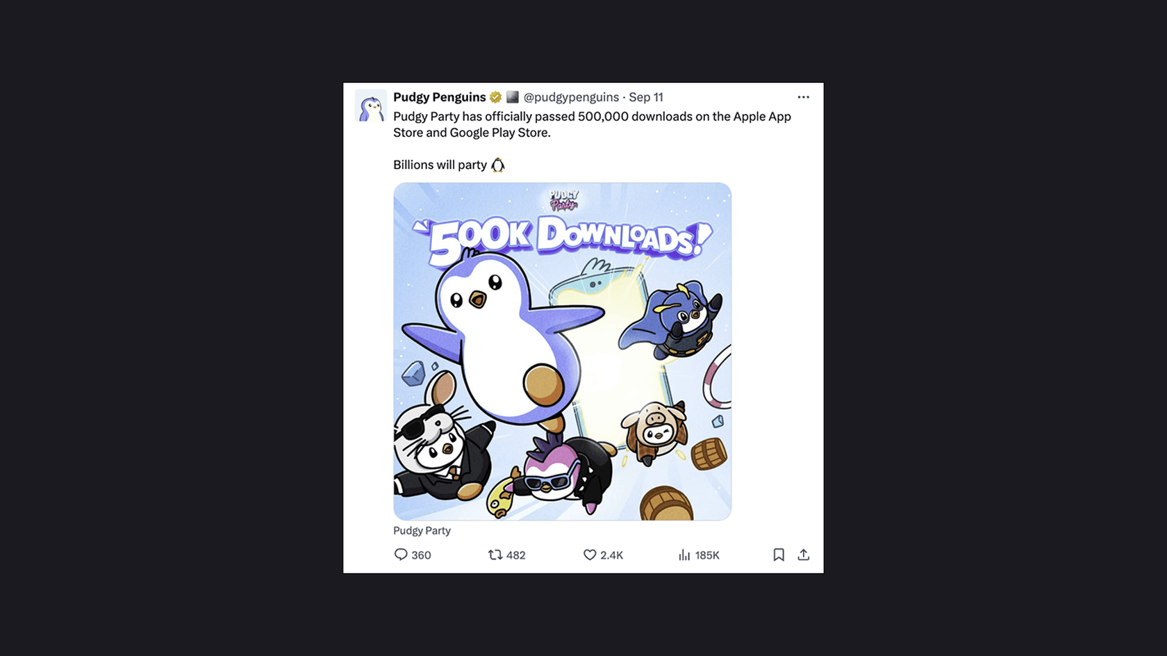 Pudgy Party Reaches 500,000 Downloads in Two Weeks. Source: Х