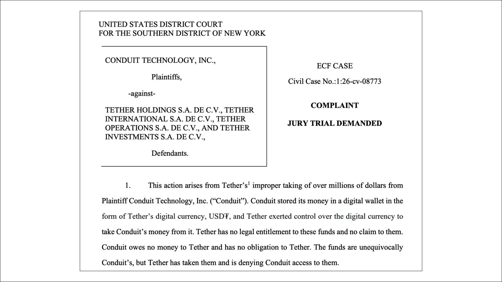 Conduit’s complaint against Tether. Source: CourtListener