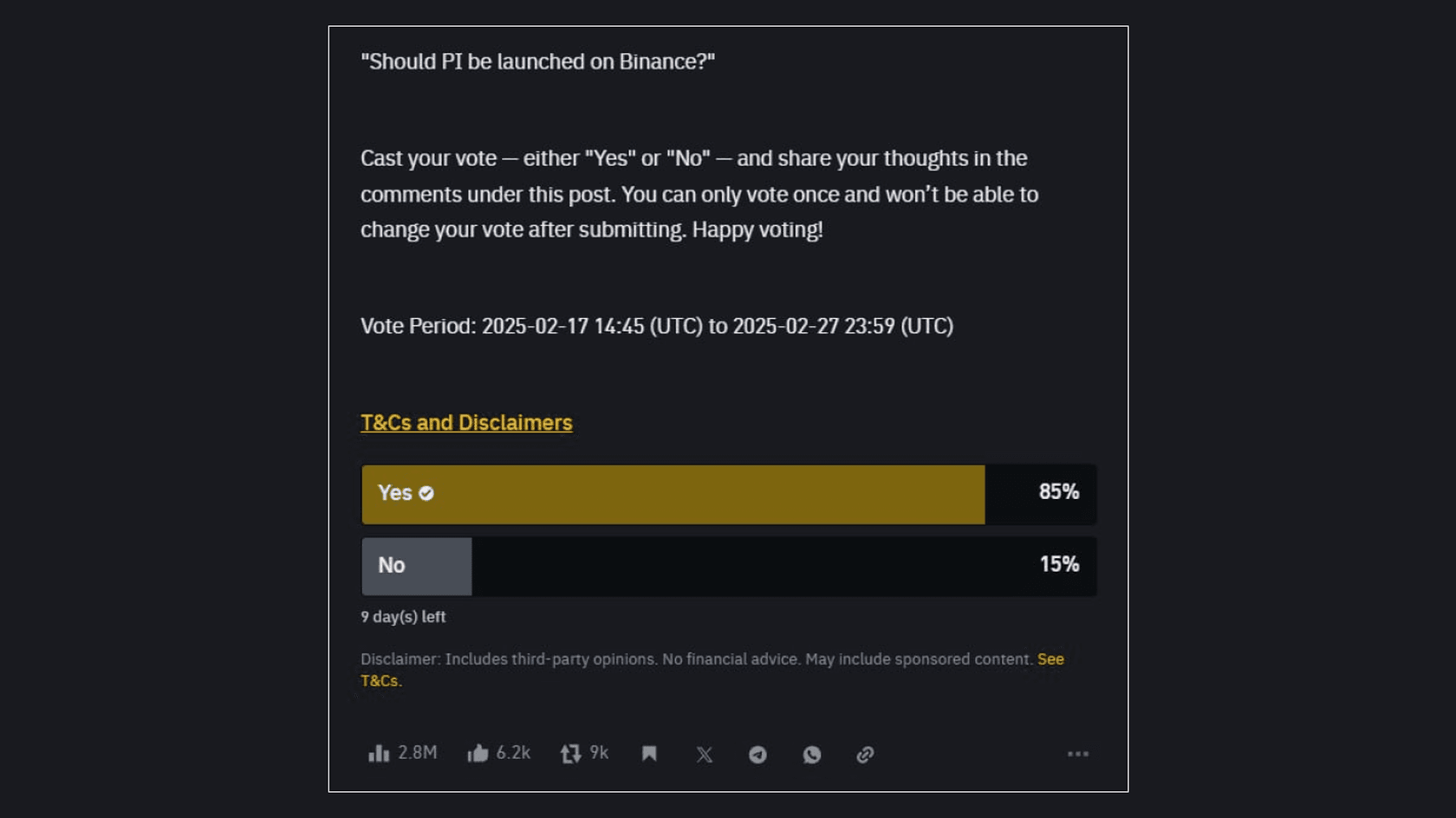 Should Pi be Launced on Binance Voiting. Source: @binance