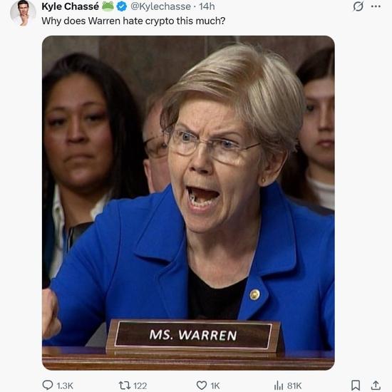 Crypto users are baffled by why Senator Warren hates crypto so much. Source: X