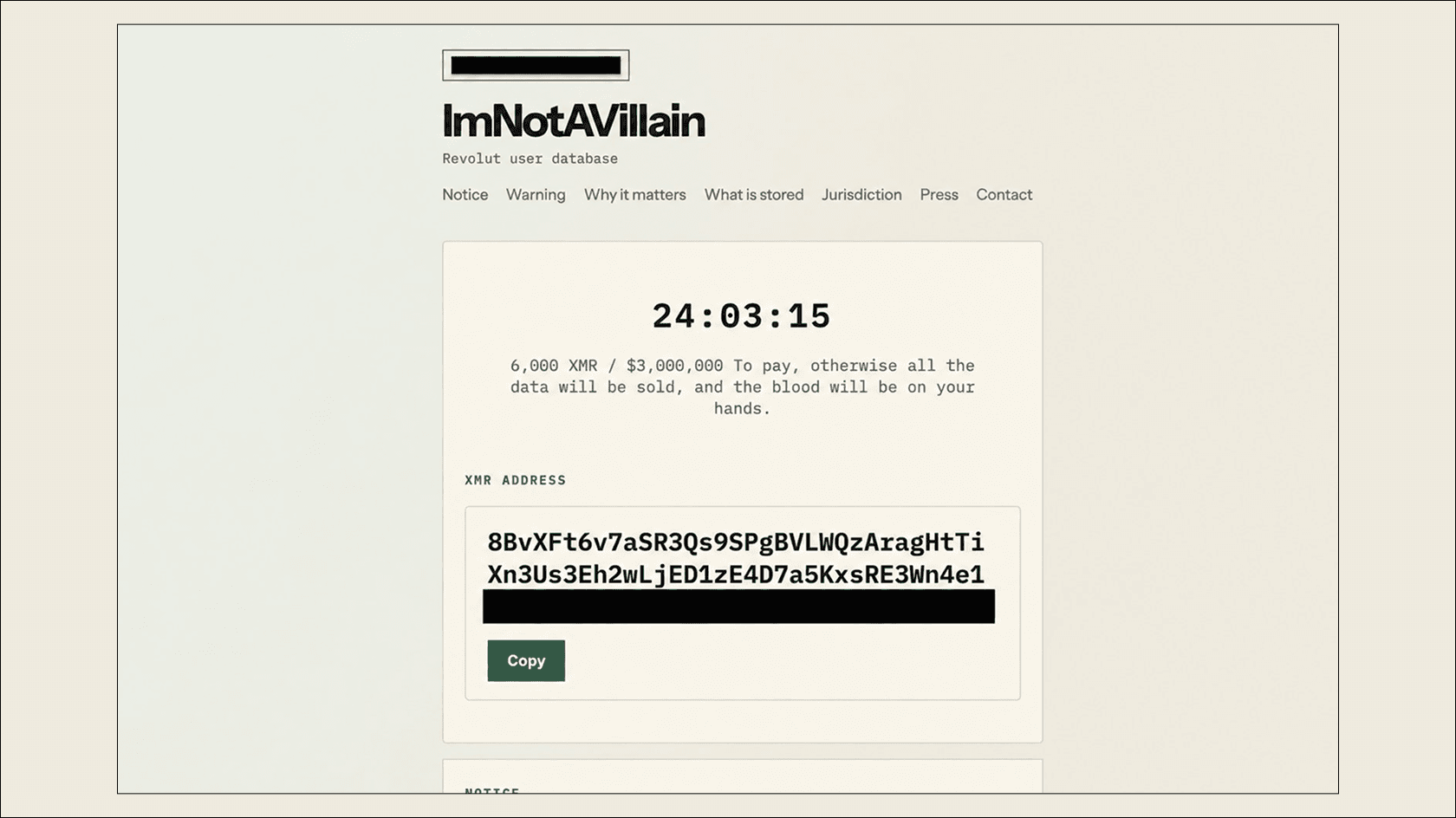 Extortion and the countdown. Source: the ImNotAVillain group website
