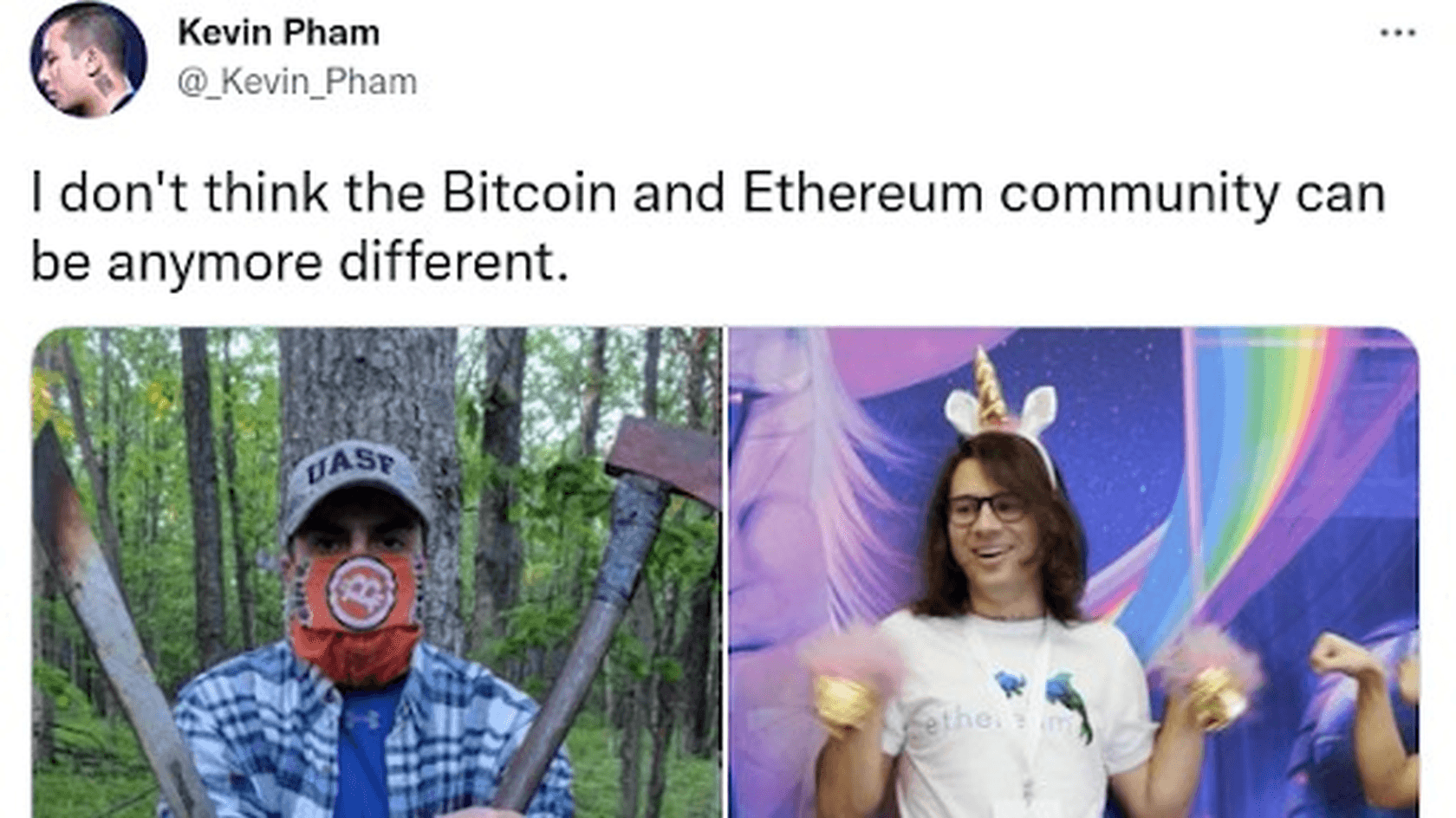 An old tweet by Kevin Pham compares Bitcoin and Ethereum culture to 2017.