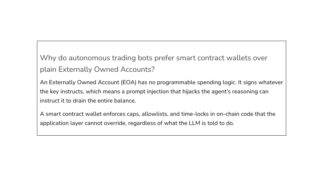 Why do autonomous trading bots prefer smart contract wallets over plain Externally Owned Accounts?