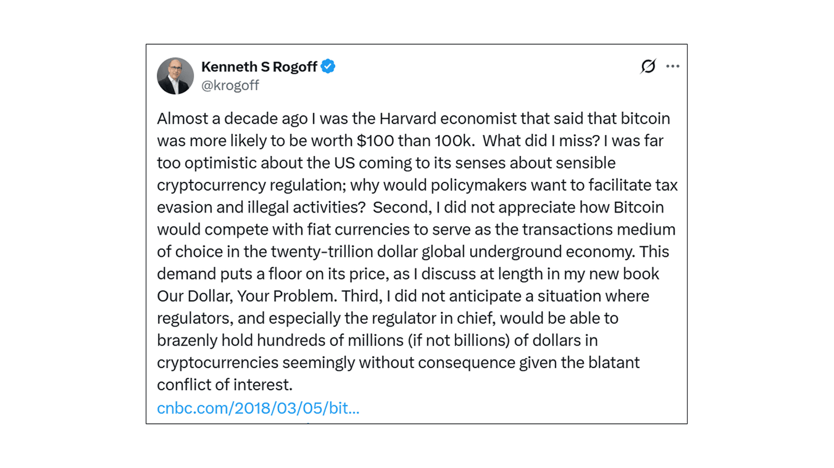 Kenneth Rogoff Admits Mistake in Bitcoin Forecast. Source: @krogoff