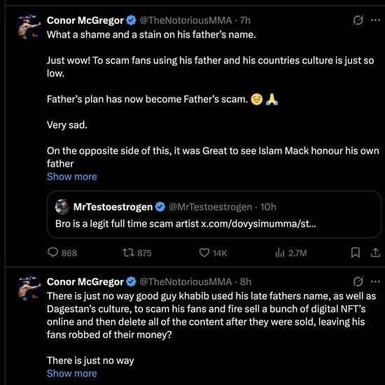McGregor's deleted tweets. Source: X
