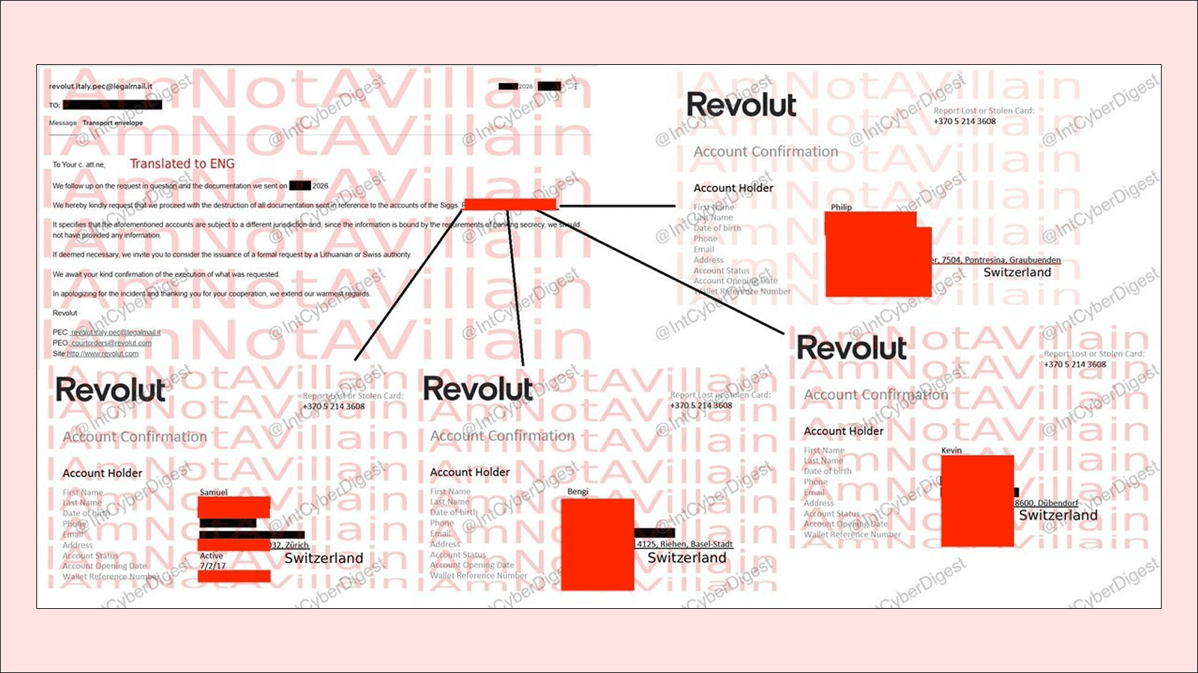Revolut letter to Italy’s certified email and Swiss account confirmations. Source: International Cyber Digest on X