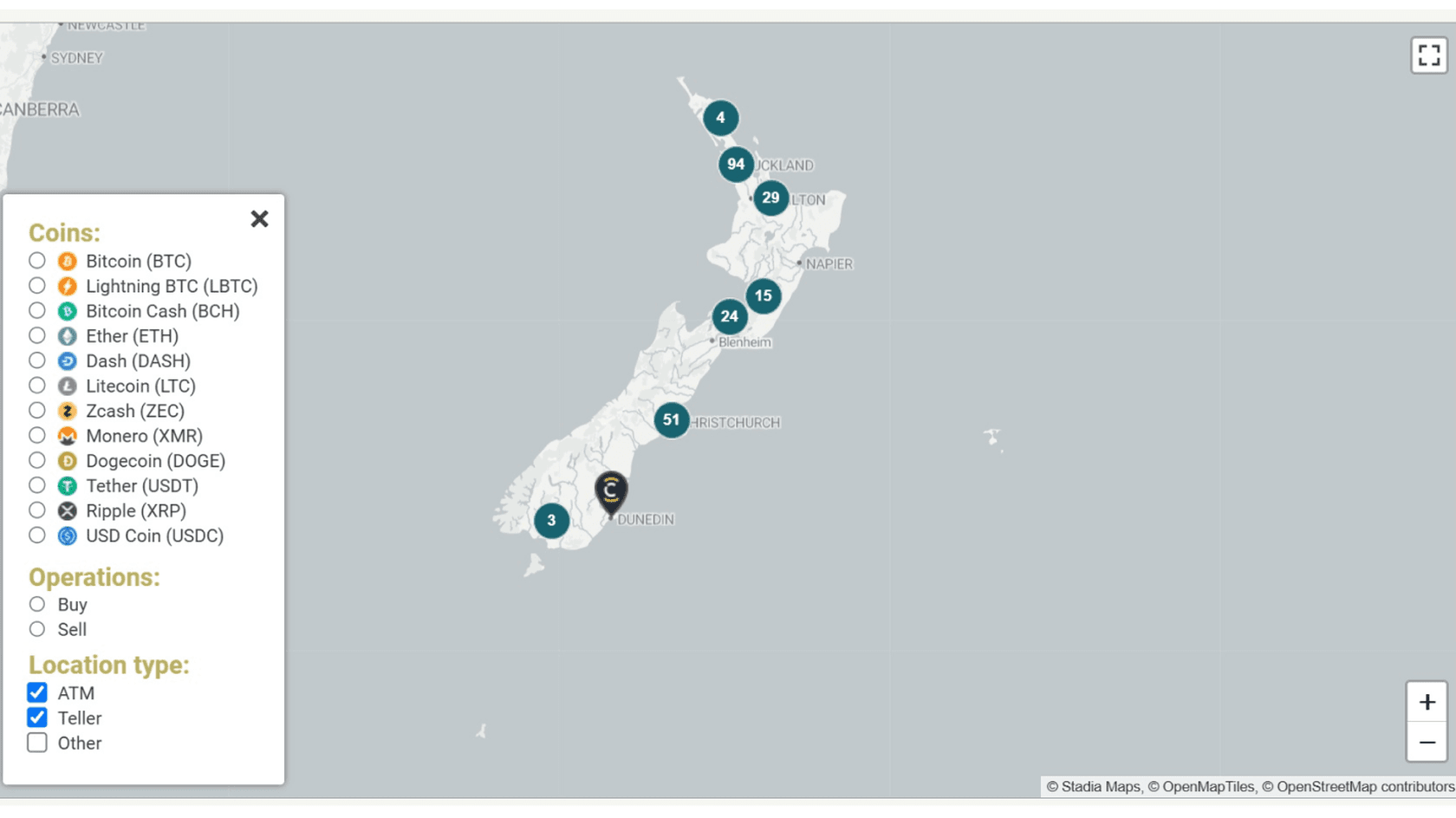 Crypto ATMs in New Zeland. Source: coinatmradar.com