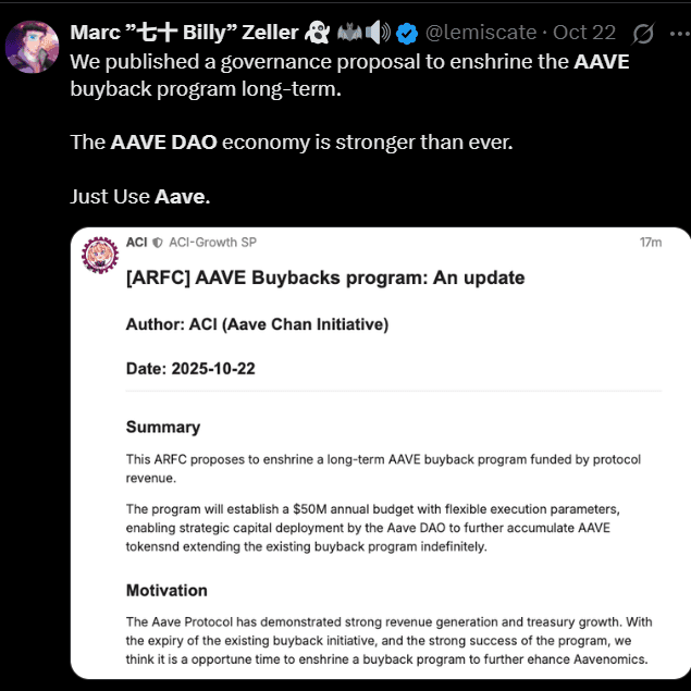 Source: X | Tweet from a member on Aave DAO’s Buyback Program 