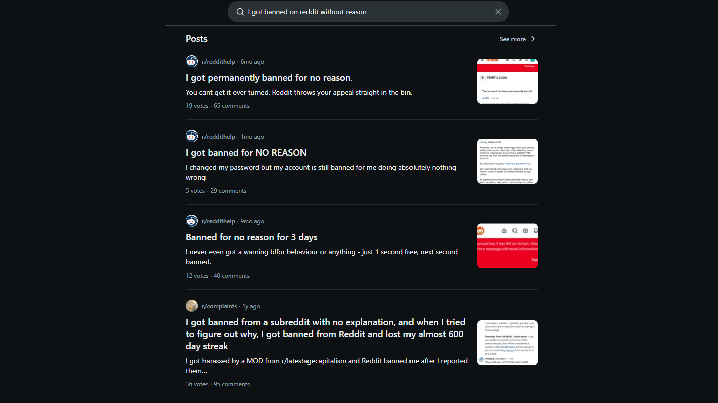  Reddit posts of frustrated users related to unreasonable bans 