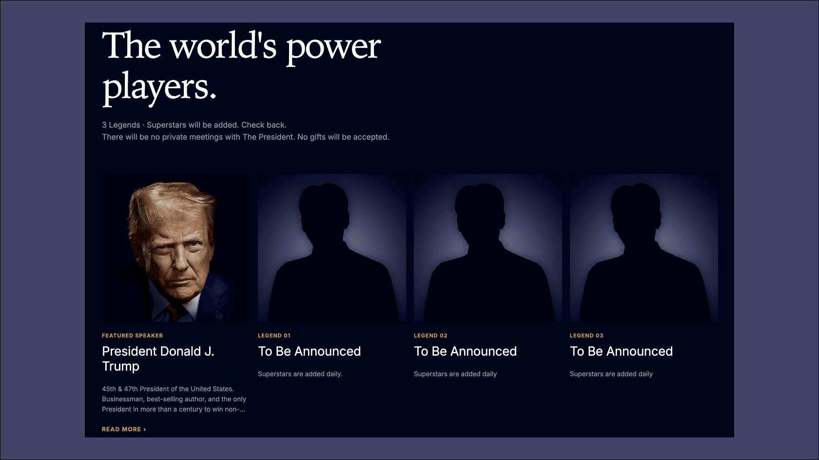 The website promises to reveal the names of three investors who will sit next to Trump.  Source: gettrumpmemes.com
