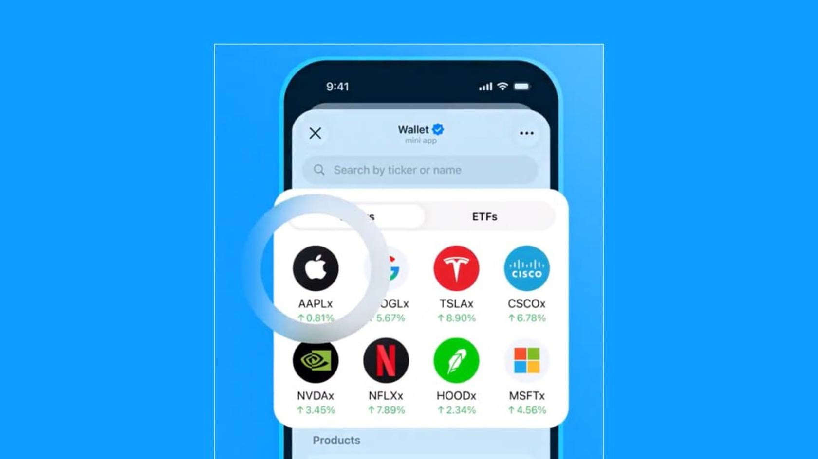 Interface of Menu with Tokenized Stocks Purchase. Source – Telegram Wallet's page on X