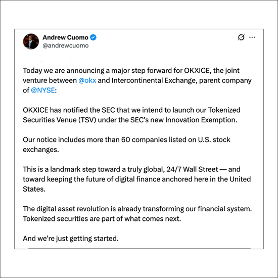 Andrew Cuomo announces OKXICE's notice to the SEC. Source: X