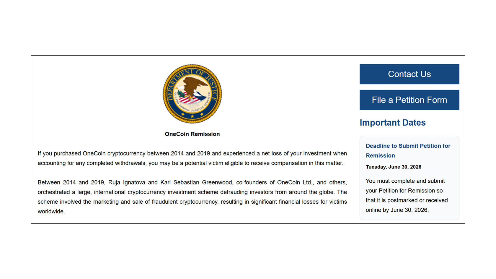 Refunding users affected by OneCoin. Source OneCoin Remission