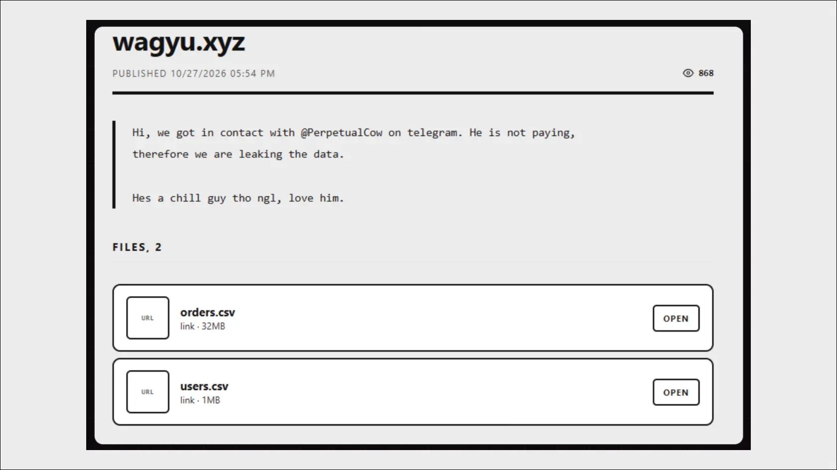WhiteArmor leak page for Wagyu.xyz. Source: Hudson Rock