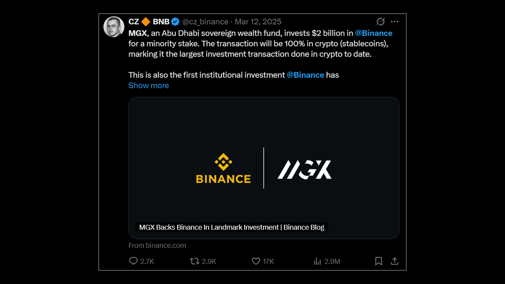 Binance x MGX deal. Source: Changpeng Zhao